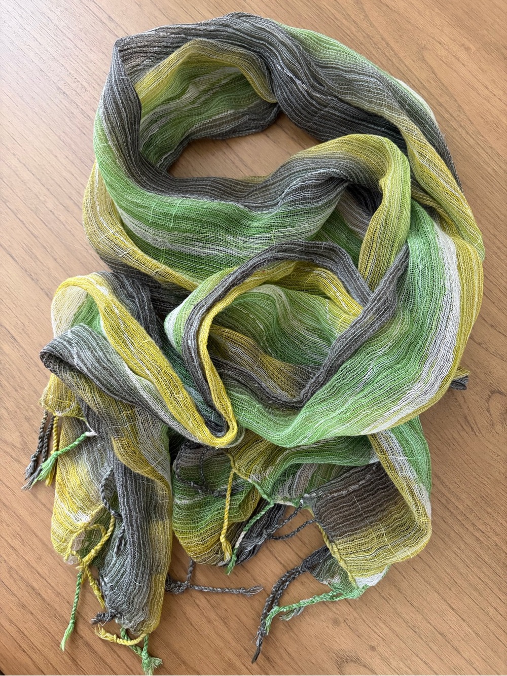 Lightweight Green, Yellow & Gray Striped Scarf